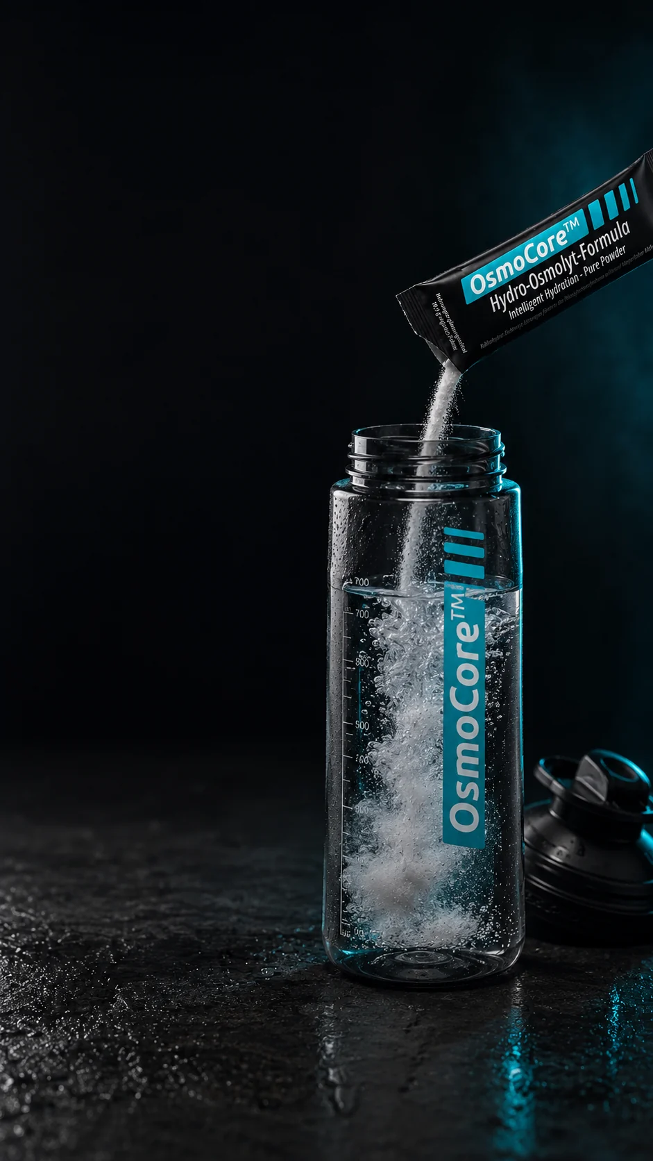 OsmoCore® Pure Stick wird in eine Sportflasche mit 400 ml Wasser gefüllt.